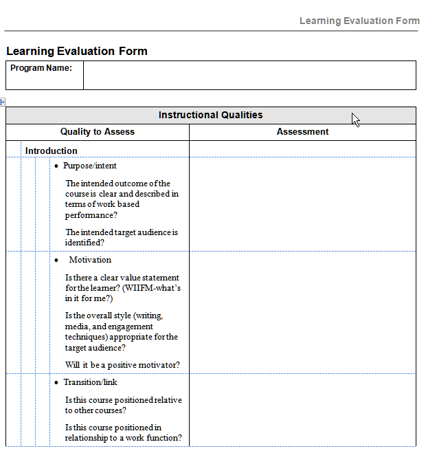 assessing the design of a learning program with this evaluation form.